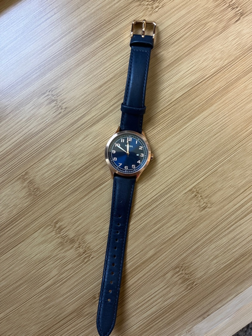 Fossil Women's Navy Blue Leather Strap Watch with Rose Gold Case